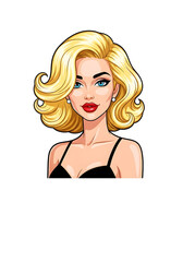 A woman with blonde hair and a red lip is shown in a cartoonish style. The image is a poster of a woman with a red lip and a black bra