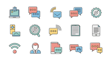 A collection of flat design icons depicting communication, settings, documents, and connectivity, rendered in pastel colors.