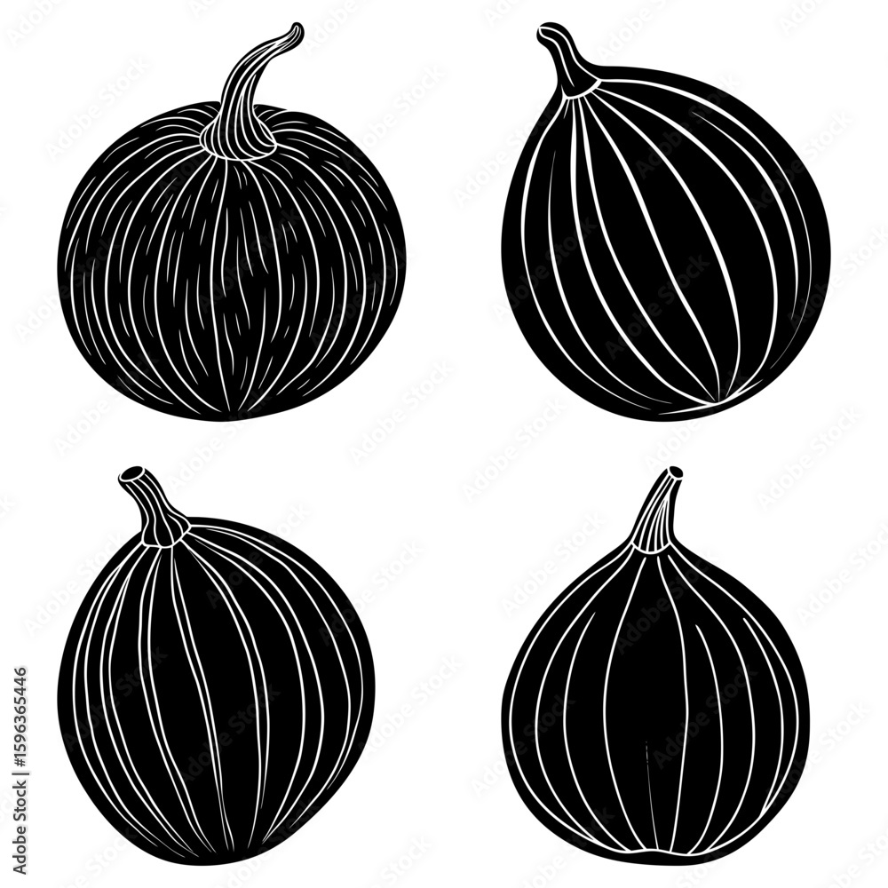 Poster four black and white figs with vertical lines arranged on a white background in a square format