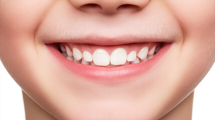 Fototapeta premium Close-up of a child's smile with clean white baby teeth. Happy expression, natural lighting. Perfect for dental care, oral health. Panoramic banner
