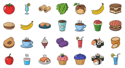 A colorful collection of various food and drink items, including fruits, vegetables, desserts, and beverages, arranged in a grid pattern.