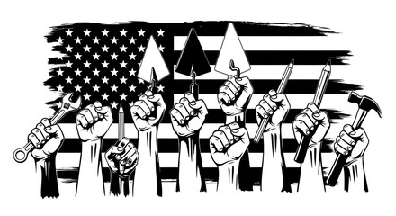  Workers Unite with Tools and American Flag - Labor Day Solidarity Black and White