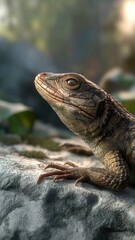 Fototapeta premium Close-up of a lizard resting on a rock in natural light, with a soft forest background and visible texture on the skin and stone surface.