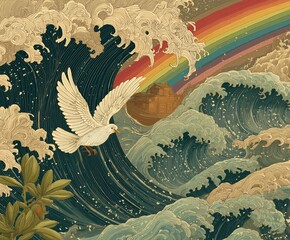 Storm Ark Ukiyo-e Woodblock Print｜Gold Mica Beam Dove & Olive Branch｜Rainbow Gradient Mist｜Neo-Traditional Art｜Poster Card Background｜Mythological Scene