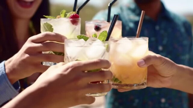 Friends Toasting with Colorful Summer Cocktails and Mocktails Outdoors in Sunlight, Mockup tail Party glasses cheers video