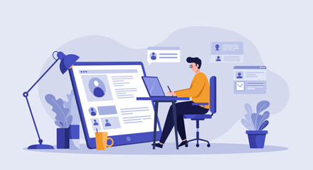 Man Working on Laptop Near Tablet Illustration.