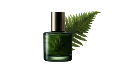 A captivating product shot features a sophisticated green perfume bottle, adorned with a verdant fern, creating an atmosphere of freshness and natural beauty.