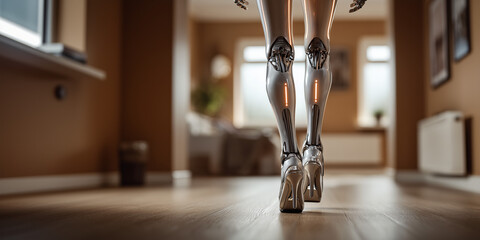 An intriguing shot featuring cybernetic legs walking forward, suggesting advanced technology and futuristic themes