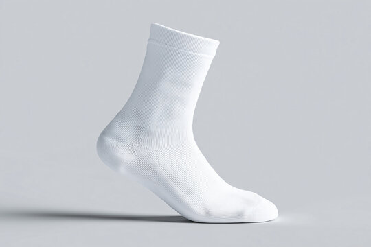 A single white sock displayed against a minimalist backdrop. The sock is pristine and neatly shaped, showcasing its design and material