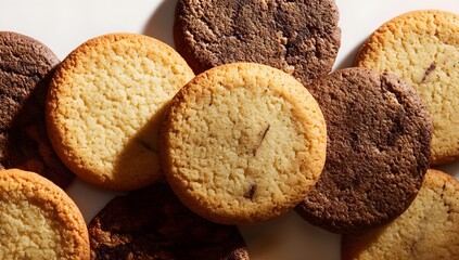 Assortment of freshly baked cookies including chocolate chip, chocolate, and butter cookies, arranged closely together in a top-down view