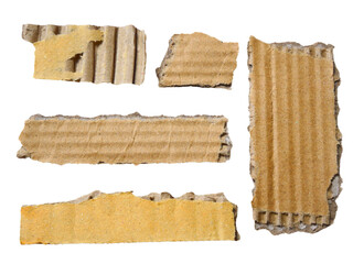 Pieces of torn or cut brown cardboard isolated design element on transparent background.