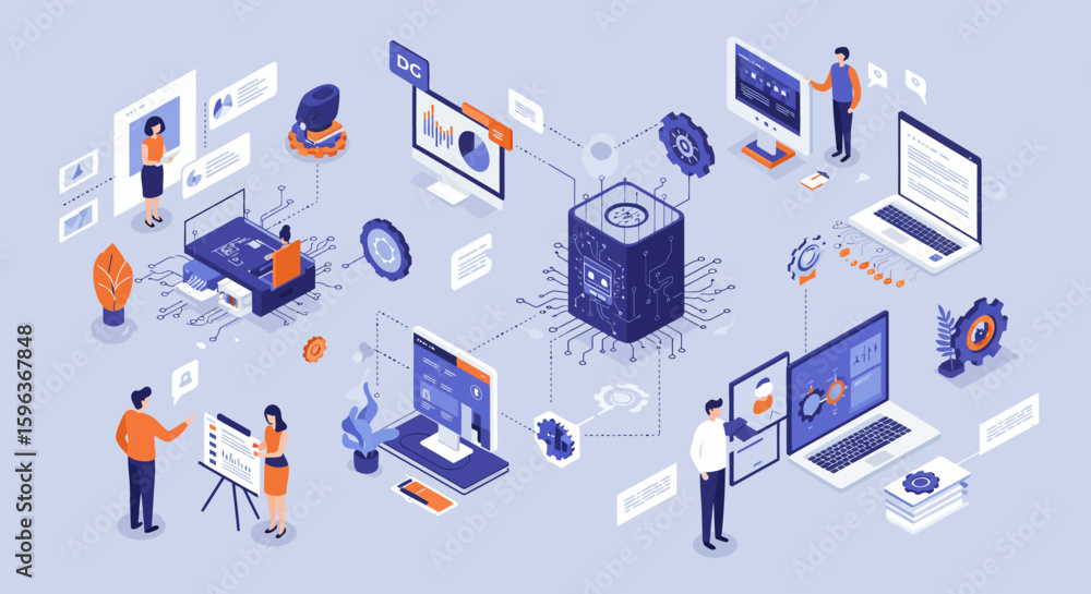 Poster isometric illustration of data processing and technology network.