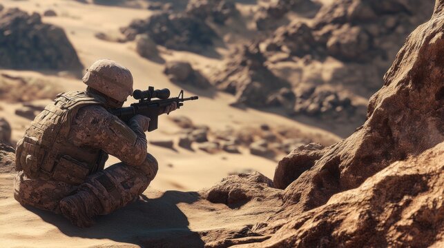 Desert Sniper: Crouched Soldier Aims Rifle Camouflage Focused Barren Landscape.