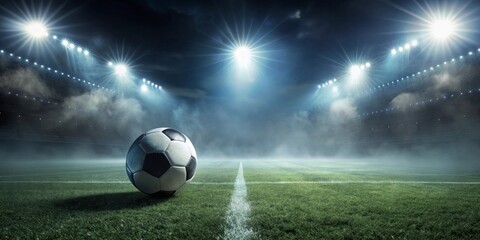 A solitary soccer ball rests on a dew-kissed field, under the dramatic glow of stadium lights; a poignant moment before the exhilarating clash of competition begins.