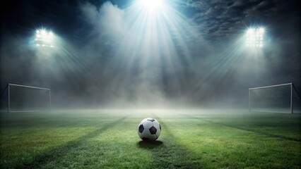 Fototapeta premium A solitary soccer ball rests on a dewy field, illuminated by stadium lights under a hazy night sky, goals stand silently at either end