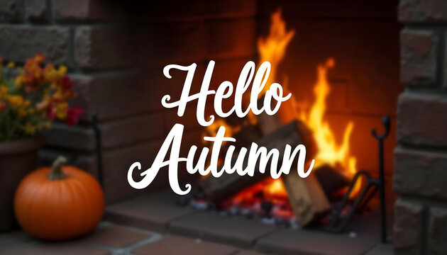 High resolution calligraphy picture design with white lettering Hello Autumn on a backdrop of cozy fireplace with blooming flower in a pot and pumpkin near.
