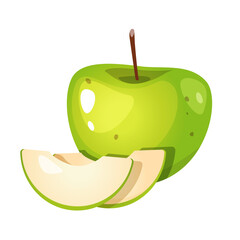 Vector fresh green apple with aple slices isolated on white background.