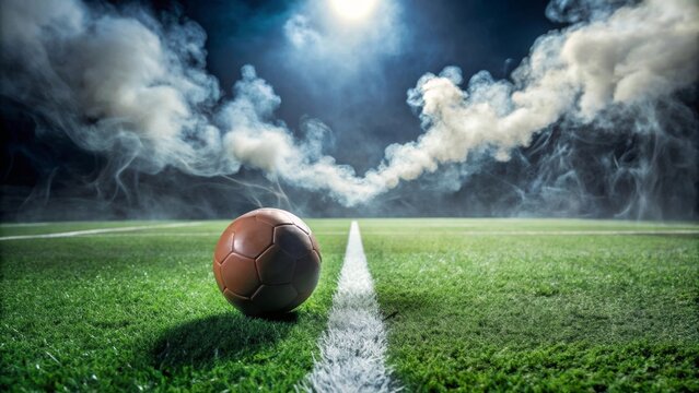 A leather soccer ball sits on a verdant field, centered on the white line, with ethereal smoke swirling overhead in a dramatic, atmospheric night scene.