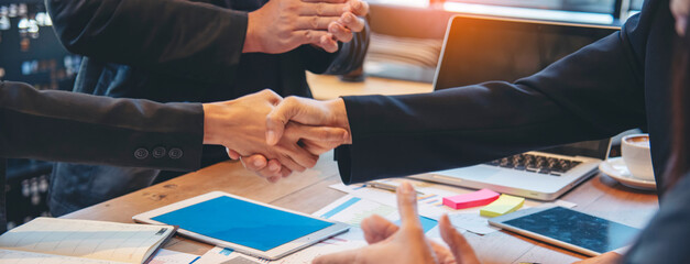 Banner Lawyer teamwork partnership Businessman handshake together. Panorama Two Men Trust honesty...