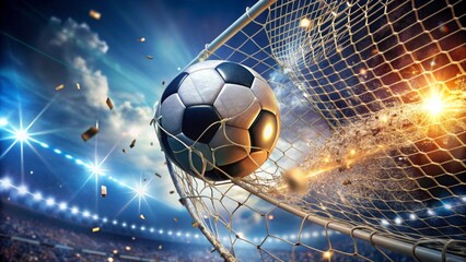 A Thrilling Moment of Victory Soccer Ball Ripping Through the Net in a Stadium Filled with Excited Spectators and Celebratory Confetti