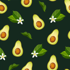 Avocado seamless pattern with half avocado, blooming flowers and leaves isolated on dark green background.