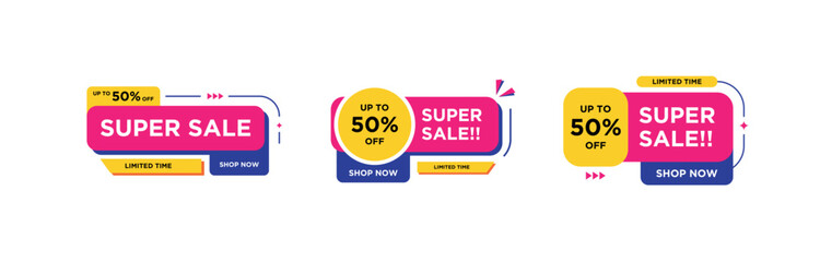 Promotional Labels featuring Super Sale and discount with vibrant colors and modern design elements for engaging customer attention.