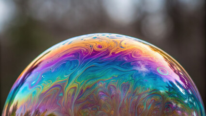 A close-up of a colorful soap bubble showing swirling rainbow patterns and intricate liquid textures against a blurred dark background.