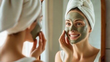 A young woman with a green clay face mask and a towel wrapped around her head, smiling at her reflection in a mirror. Concept of self-care and beauty routine