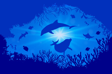 Ocean silhouette with dolphins, manta rays, seahorses, and coral reef under sunlit water. Ideal for marine backgrounds, underwater themes, and ocean conservation projects.