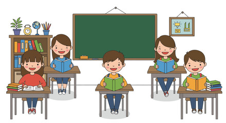 Happy Students Reading Books in Classroom Setting.