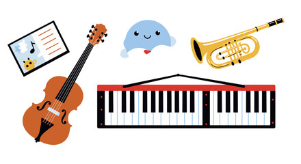 Colorful Cartoon Musical Instruments on White Background.