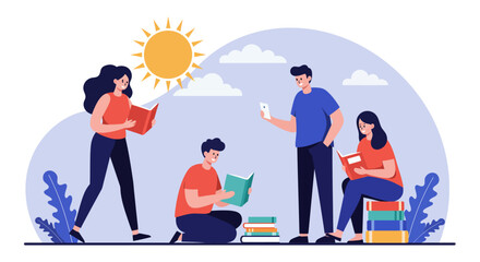 Group of People Reading Books Outdoors Illustration.