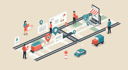 Isometric Illustration of Online Shopping and Delivery.