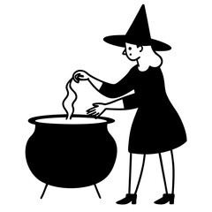 Witch brewing pot line art vector illustration  