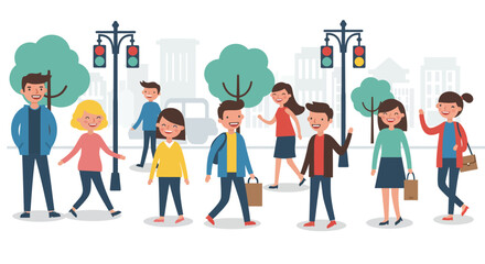 Cheerful Group of People Walking in City.