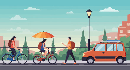 Orange Car and People on City Street Illustration.