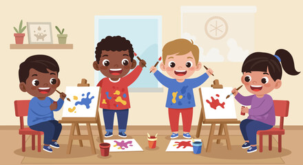 Children Painting with Easels and Paintbrushes in Classroom.