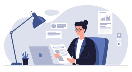 Businesswoman Reading Newspaper at Desk with Laptop.