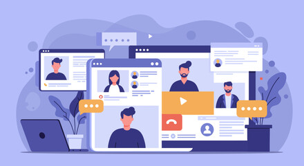 Vector Illustration of Online Video Conference Meeting.