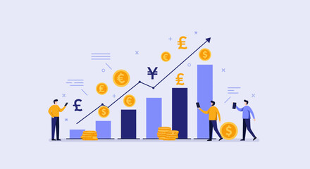 Financial Growth Chart with Currency Symbols and People.