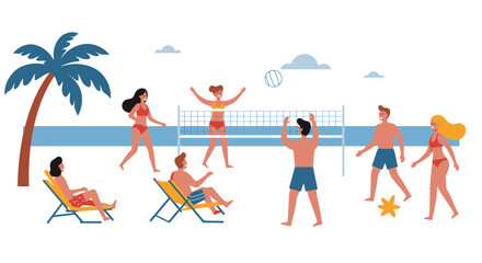 People Playing Beach Volleyball and Relaxing on Vacation.