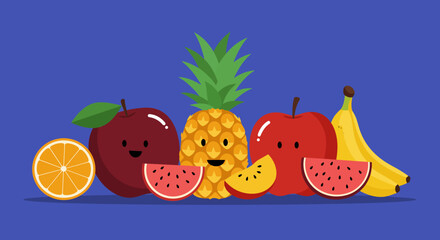 Cartoon Fruits Smiling Together on Blue Background.