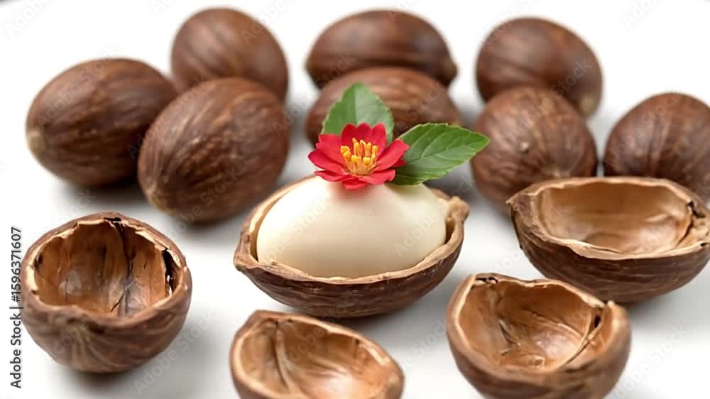 Poster a collection of nuts and empty shells one nut is topped with a small red flower and green leaves