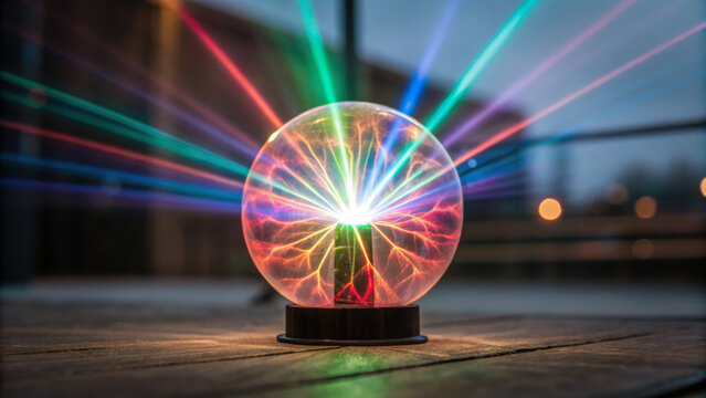 A colorful plasma globe emits vibrant electric streams and radiant light rays in a dimly lit environment. - Powered by Adobe