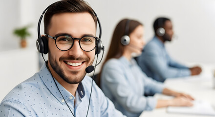Happy Male Call Center Agent Smiling at Camera, Technical Support and Customer Service Concept.

