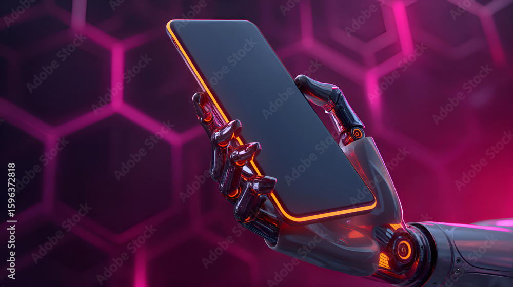 Poster robot hand holding smartphone with blank screen on abstract background