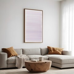 Modern living room interior with a large abstract pastel painting on a light gray wall above a sectional sofa and a rustic wooden coffee table