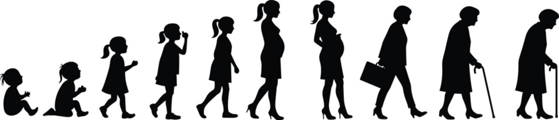 Comprehensive silhouette progression of a woman's life from baby to elderly, showcasing human development, aging process, and the full span of female existence for diverse projects.