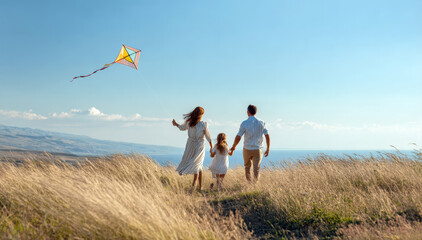 A family of three, seen from behind, walks through a grassy, open landscape on a sunny day, holding hands as a colorful kite soars high in the blue sky. Concept of togetherness, freedom, outdoor fun