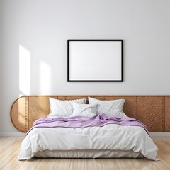 A beautifully made bed with white linens and a purple throw blanket illuminated by soft natural light streaming from a window with a blank framed picture on the wall above a wooden headboard